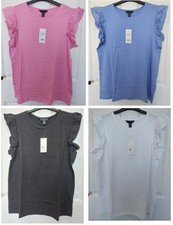 Image of BNWT - 4 x New Look Frill Sleeve 100% Cotton T-Shirts Pink Blue Black White - 14