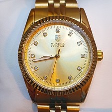 Montres Prestige Quartz Watch Gold Dial Diamond Markers Fluted w/ Box
