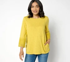 LOGO by Lori Goldstein 3/4 Sleeve Scoop Neck Lace Sleeve Top Antique Moss XS New