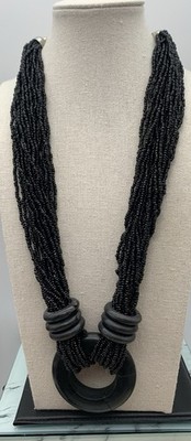 Black Glass Seed Bead Multi 20 Strand Necklace Tribal Ethnic 25'' Vintage