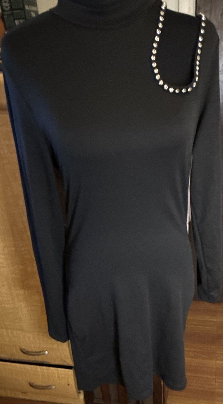 Black Solid Turtleneck Beaded Mini Dress L Pullover Long Sleeve Women’s