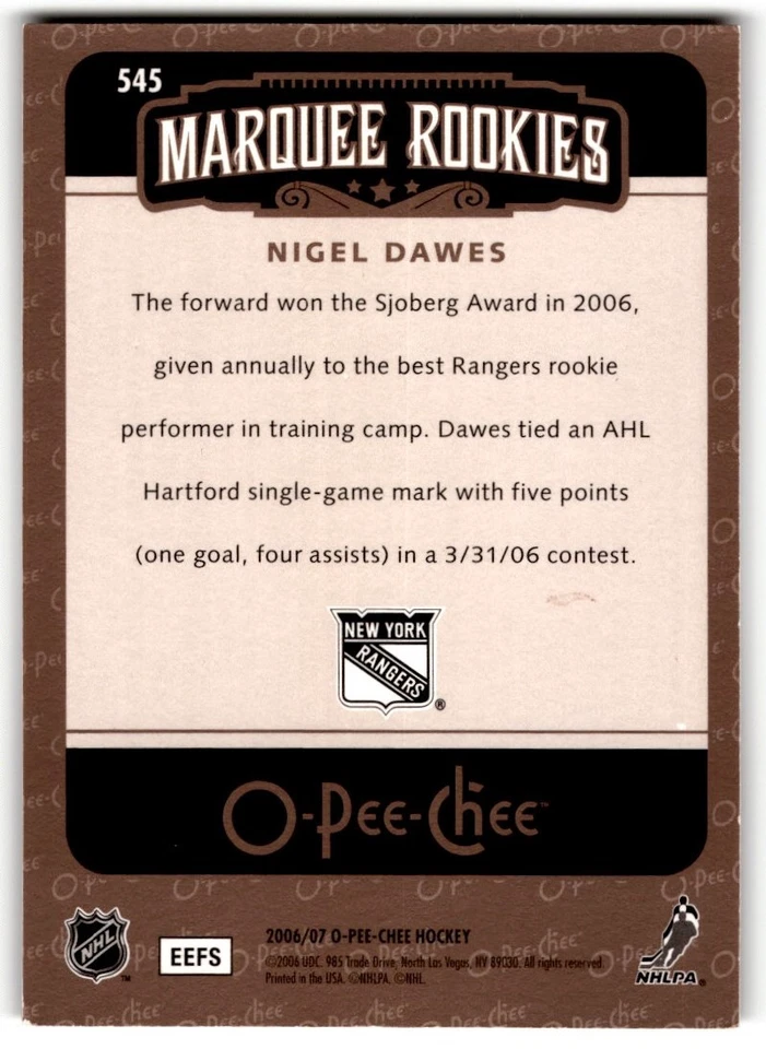 2006-07 O-Pee-Chee Nigel Dawes Rookie #545 New York Rangers - Image 2 of 2