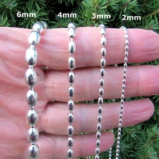 Men's Solid 925 Sterling Silver Italian Oval Rice Bead Chain Necklace / Bracelet