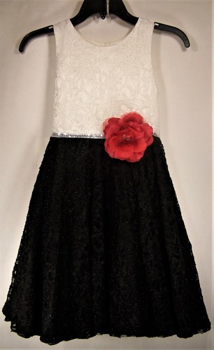 Bloome Girls Lace Occasion Dress 16 Rhinestone Red Flower White Black - Picture 2 of 7