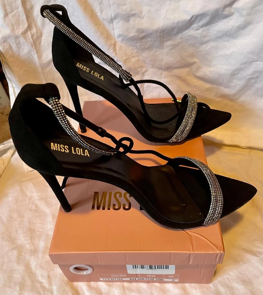 MISS LOLA SUEDE BLACK HIGH HEEL SHOES SIZE 10 BRAND NEW IN BOX RETAIL FOR  $45