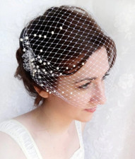 Vintage Mesh Netted Bridal Birdcage Veil Full Pearl Hair Clip Wedding Fascinator