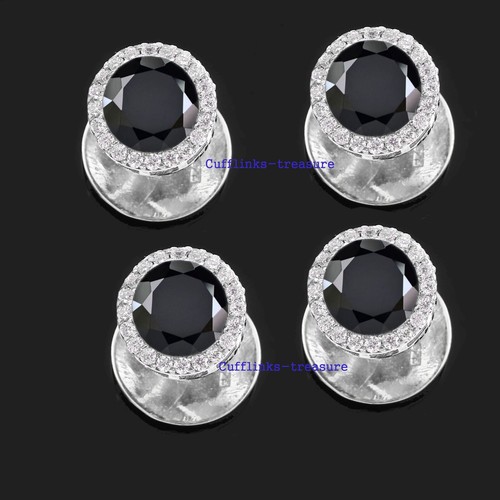 Black Onyx Natural Gemstones with 925 Sterling Silver Tuxedo Men Buttons set #22 - Picture 3 of 6