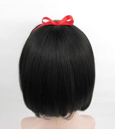ADULT SHORT STRAIGHT HAIR BOB STYLE COSTUME WIG W/ RED RIBBON SNOW WHITE BLACK - Picture 6 of 6