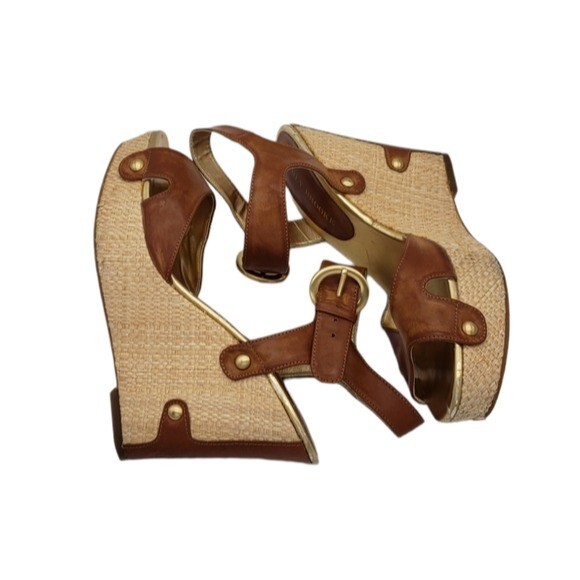 TAN Open Toe Sling Back Wedge Sandals Size