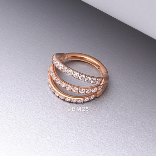 Brilliant Sparkle Gem Lined Triple Hoop Steel Seamless Clicker Hoop Ring - Picture 15 of 21