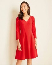 New Ann Taylor Red V-neck Double Weave Seamed 3/4 Sleeve Fit Flare Dress 2