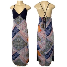 Mustard Seed Navy Blue Halter Maxi Dress Empire Waist Chiffon Patchwork Small