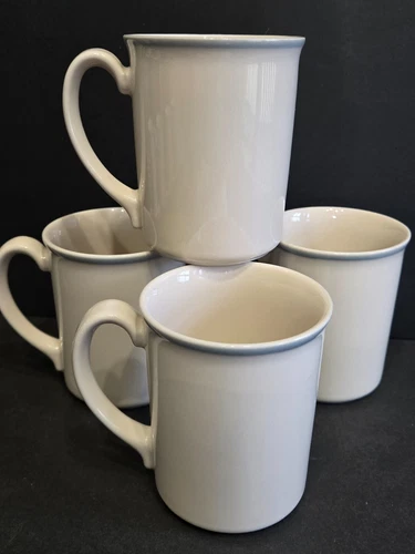 Corning Beige Set of 4 with Blue/Gray Rim Coffee Tea Mugs Cups Handle