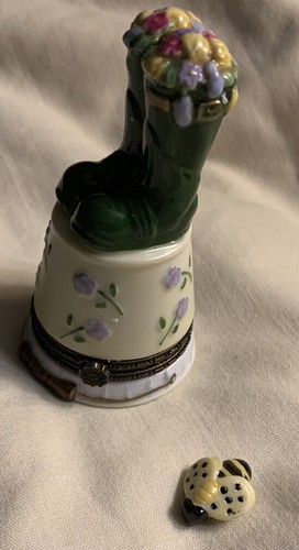 Porcelain Mini Trinket Box GARDENING BUCKET BOOTS FLOWERS with MINI BEE