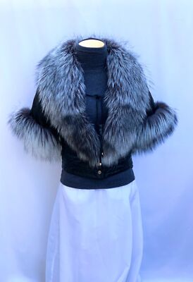 ULTRA-CHIC REAL 100% SILVER FOX FUR TRIM LAMB SKIN LEATHER JACKET