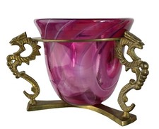 Vintage Pink Art Glass Swirl Urn Vase Cast Brass Imperial Dragon Planter Base