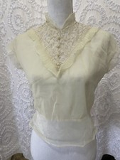 Antique Sheer blouse short top, Ivory color lace pearl buttons beautiful unique 