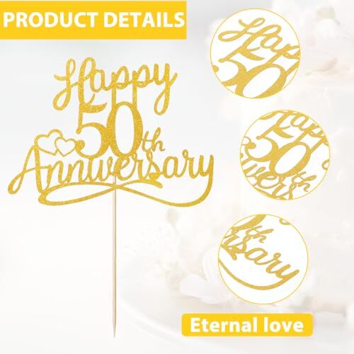 Gold Glitter Happy 50th Anniversary Cake Toppers Picks Golden Party - Picture 4 of 8