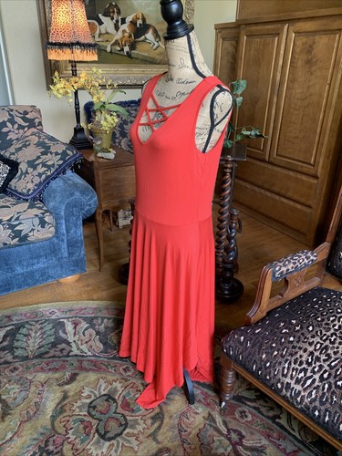 Red Poppy Criss Cross Tee Shirt Dress MIDI Flattering V Neck L 34” 47 - Picture 8 of 12