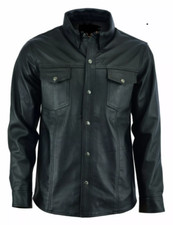 Mens Classic Snap Top Grain Premium Sheep Leather Shirt Black Fully Lined Shirt