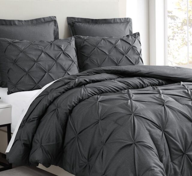 Estellar 3pc Charcoal Grey Comforter Set Pinch Pleat Bedding Cover