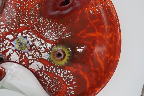 Cuenco de vidrio arte italiano manchas rojas plateadas estilo Murano Barbini Mid-Century de colección - Imagen 15 de 21