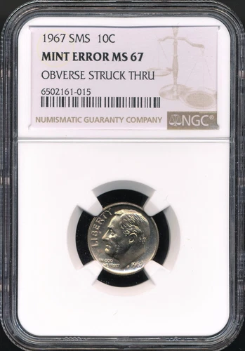 1967 SMS Roosevelt Dime NGC MINT ERROR MS 67 *Obverse Struck Through*