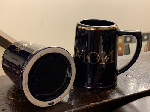 Tazzine da caffè grandi in ceramica blu reale mamma e papà con bordo oro - Foto 3 di 10