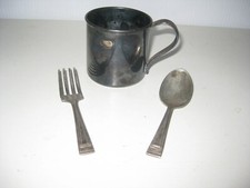 Antique 1881 Rogers Silver Plated Baby Cup Fork Spoon Set NO MONOGRAMS