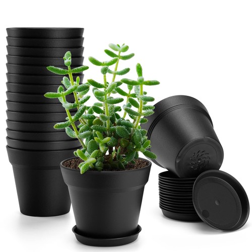 16 Pack Plastic Plant Pots with Drainage Holes and Tray, 4 inch Thickened Ind...