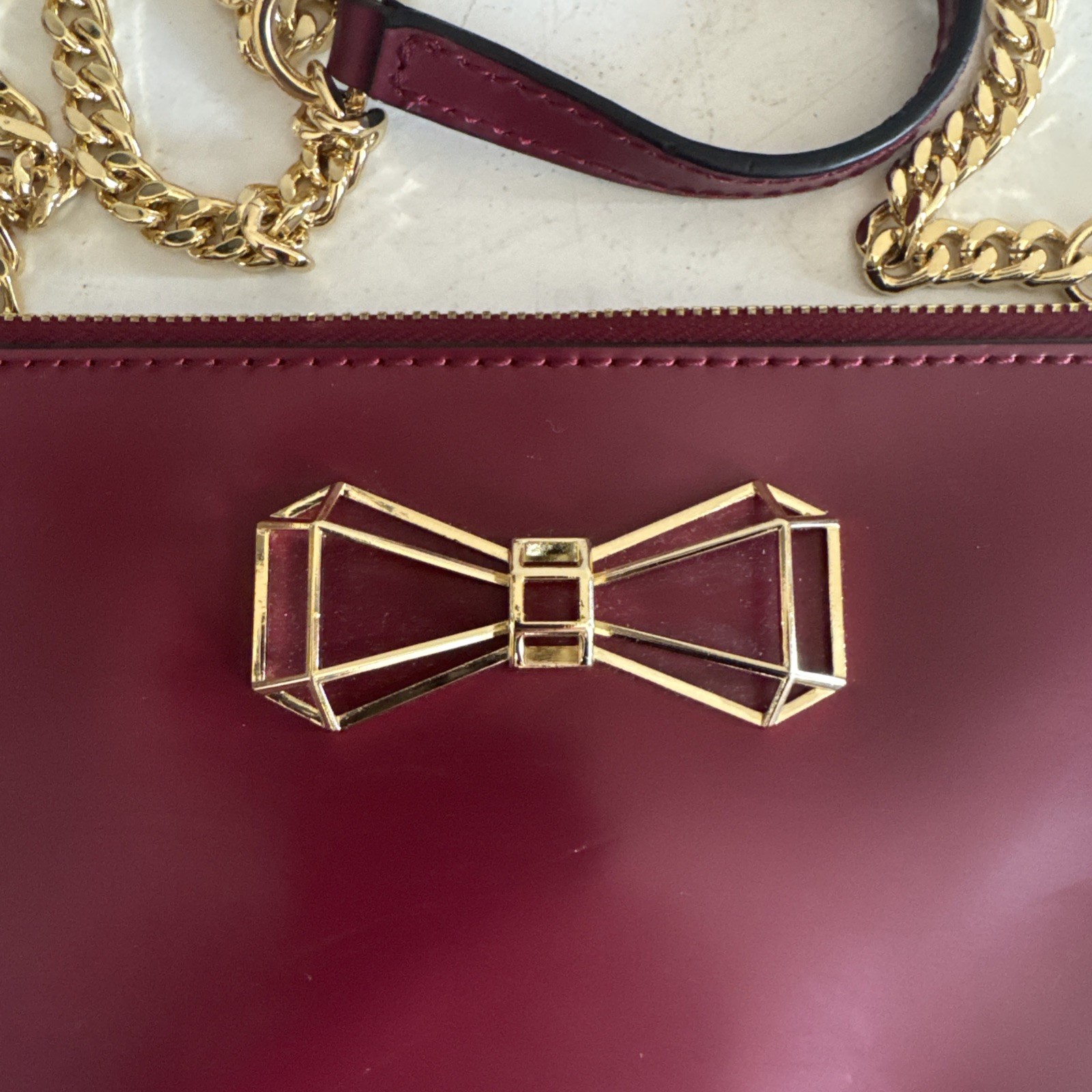 Ted Baker GRETAA Geometric Bow Leather Crossbody Oxblood Red Maroon Gold Strap image 2