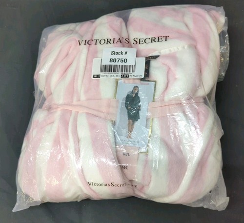 Victoria Secret Accappatoio Corto Accogliente Peluche Pile M/L Grazioso Righe Fiori (80750) - Foto 6 di 8