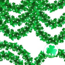 50FT St Patrick's Day Tinsel Garland, Green Shamrock Tinsel Garland Clover Ti...