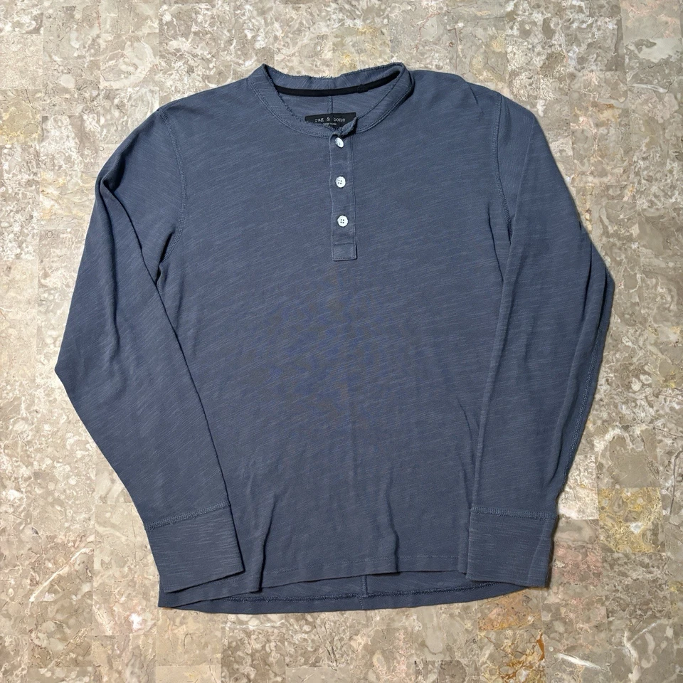 Camisa de trapo y hueso para hombre pequeña azul manga larga Henley algodón peruano salón Foto 2 de 4