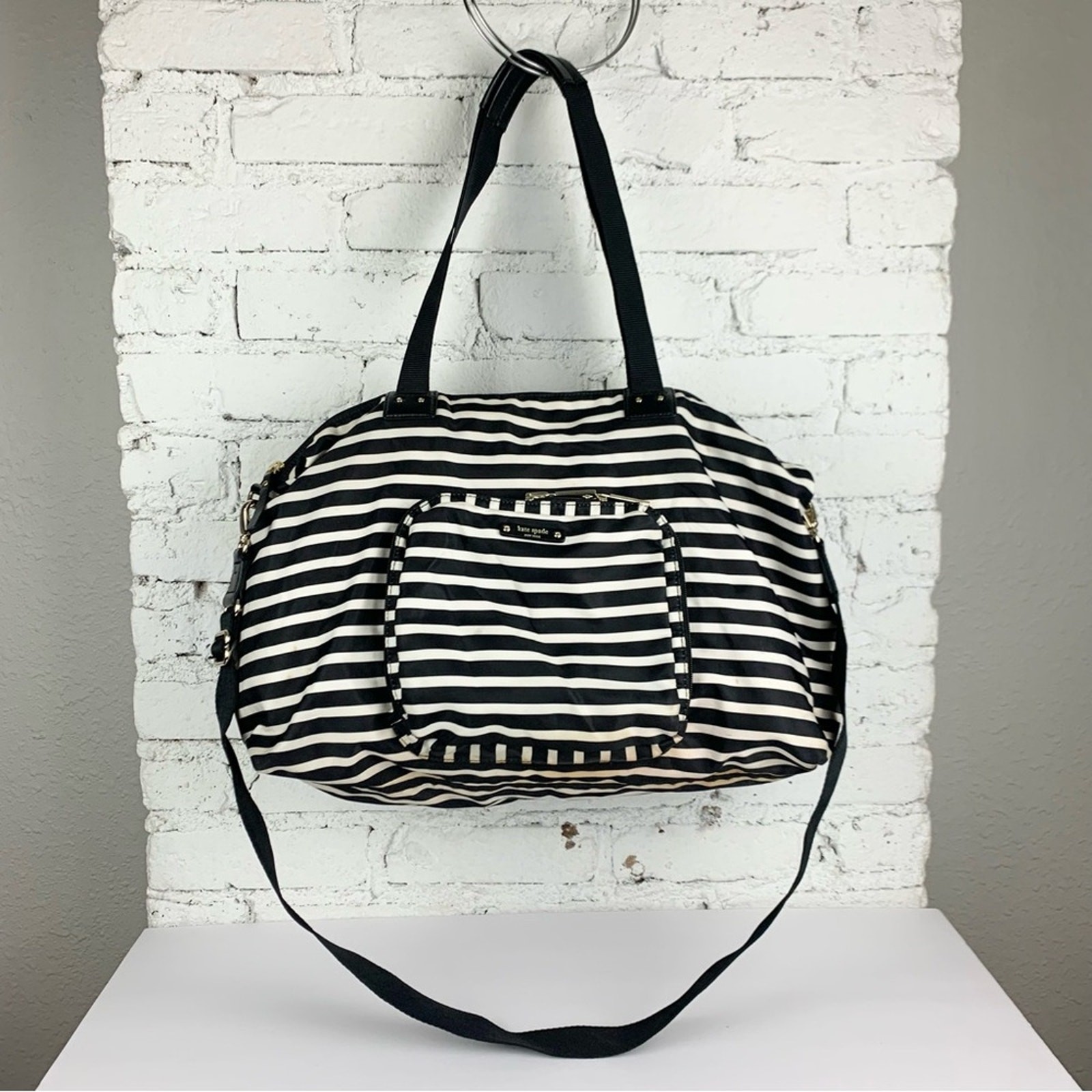 Kate Spade Nylon Striped Large Black White Packable Gym Weekender Duffle Bag