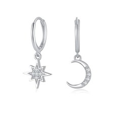 Moon Star Hoop Earrings with Dangle for Women Sterling Silver Drop Huggie Earrin