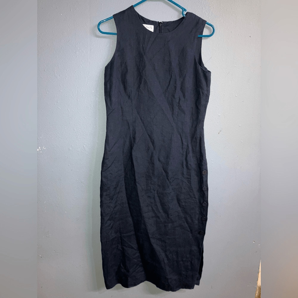 Talbots Black Midi Dress with Button Accents 100% Irish linen #736