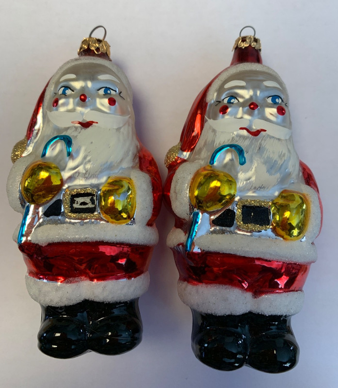 2 Vintage Blown Glass Santa Holding Candy Cane Christmas Ornament Columbia