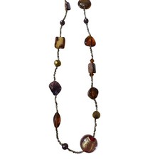 Artisan Earth Tone Beaded Necklace Gold Foil Glass Mixed Media Long Art Gift