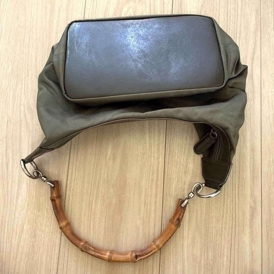 GUCCI Bolso de Mano Bolso de Bambú Vintage Nylon Cuero Kahki USADO Auténtico #S2804 Foto 4 de 4