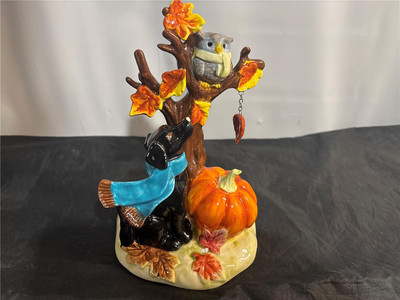 Blue Sky Clayworks Fall Harvest Dog w/ Pumpkin Owl in Tree Heather Goldminc 2020