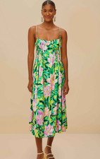 ๐$248 FARM RIO PAINTED FLOWERS PINK & GREEN TROPICAL MIDI DRESS NEW SZ SMALL