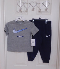 NWT 2pc Nike Gray Blue White Swoosh Logo Shirt Joggers Set sz 4 or 6