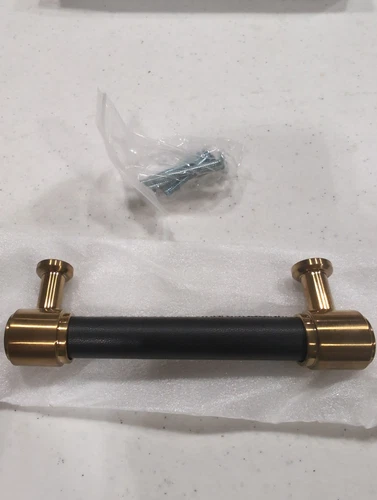 Signature Hardware 489559 Leather Bar Cabinet Pull, Black/Brushed Gold, 3-3/4" - Picture 1 of 3