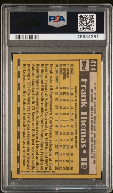 1990 Topps RC Frank Thomas Name On Front #414 PSA 8 view 2