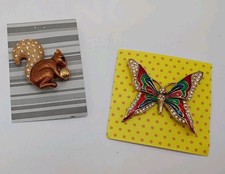 Vtg Two Brooches Pins Butterfly Squirrel With Nut Both Enameled w/ Rhinestones