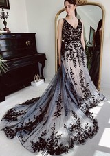 Top ivory black leaf lace wedding dress wedding dress 32-60 straps with train