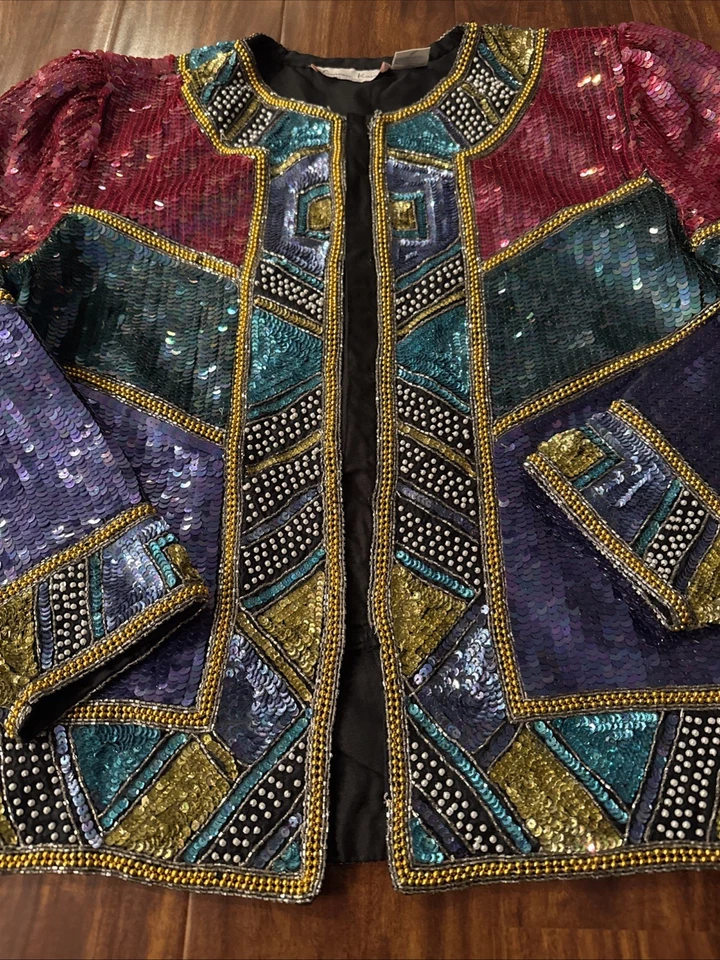 Blazer Laurence Kozar Lentejuelas Usable Art Deco Vintage Chaqueta Años 80’s Mujer’s Talla L Foto 2 de 4