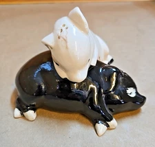 Vintage Ceramic Salt/Pepper Shakers; Two Pigs Lying Together; Black/White