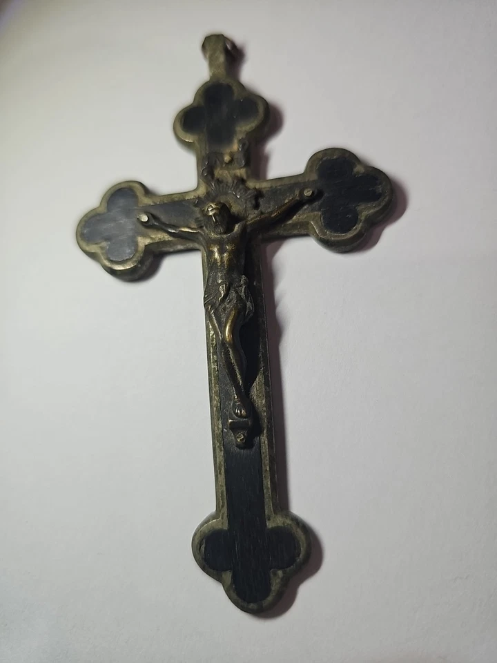 Антикварная подвеска в виде креста из черного и серебряного дерева религиозная бижутерия католический Иисус - Изображение 3 из 4